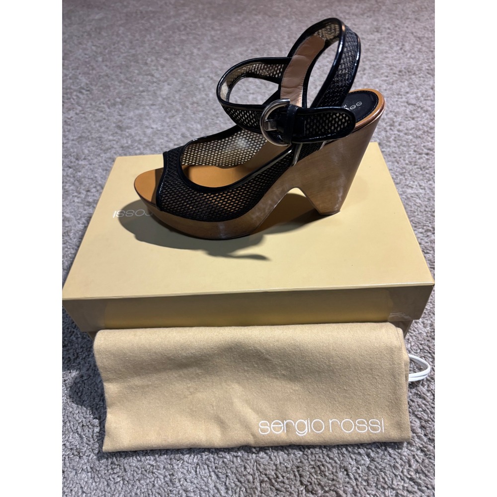 Sergio Rossi Black Mesh Patent Leather Wedge Sandals AT3907 Nero 36.5
